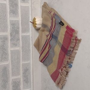 Ahujasons Merino Wool & Silk Tan Red Blue Gingham Striped Scarf Fringe Soft